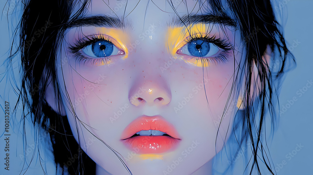 Canvas Prints Digital Art Portrait of a Woman with Blue Eyes and Yellow Eyeshadow