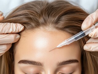 Fototapeta premium Hair Loss Treatment Woman Receiving Injection Therapy for Bald Spots, Promoting Healthy Hair Regrowth, Before and After Results