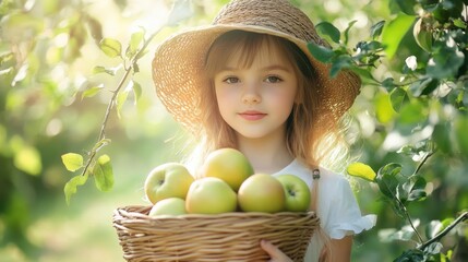 A girl in a bright garden holding a full wicker basket of apples, with greenery and fresh fruit creating a sunny outdoor scene.
