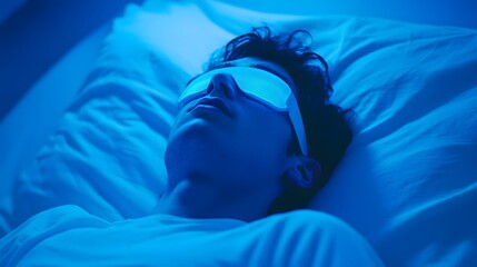 A young man wearing an eye mask lies in bed, sleeping with his eyes closed and blue light illuminating the room