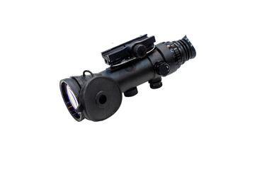 Modern military binoculars, night vision devices at the exhibition, on a white background. Military equipment