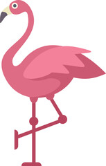 This minimalist vector illustration features a pink flamingo standing on one leg, its long neck curved gracefully
