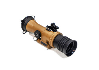 Modern military binoculars, night vision devices at the exhibition, on a white background. Military equipment