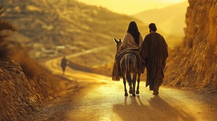  Mary riding on a donkey, and Joseph walking beside, leading the donkey along a winding road towards Bethlehem.