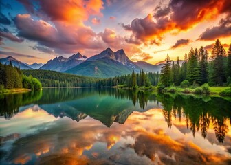 Vibrant sunset over serene mountain lake reflection, surrounded by lush green forests and majestic peaks, under a warm