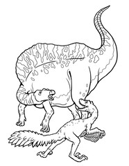 Predatory dinosaur Troodon attacks Ouranosaurus. Battle between two dinosaurs for coloring.