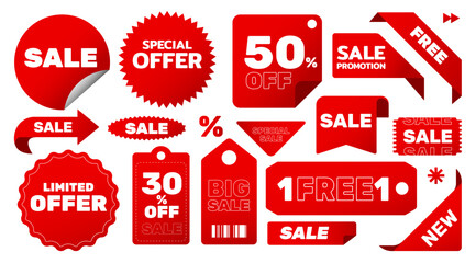 Isolate Sale Promotion sticker vector set, Red Special Offer Badge in Flat design, Free, 50 percent off Price Tag on white background for Business Banner, Marketing graphic elements, Stock (Editable)