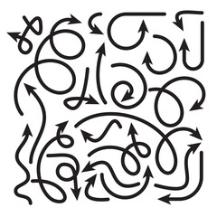 Different arrows, black drawing on a white background. Collection of vector pointers hand Drawn. Vector illustration.