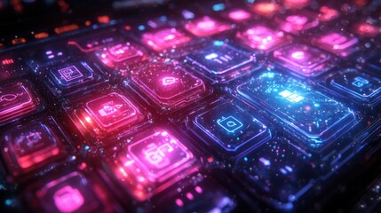 A vibrant, illuminated keyboard with futuristic design elements.
