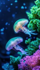 Fototapeta premium Beneath the waves, two vibrant jellyfish glide gracefully through colorful coral reefs