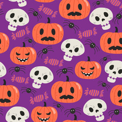 cute skull and jack o lantern seamless pattern illustration