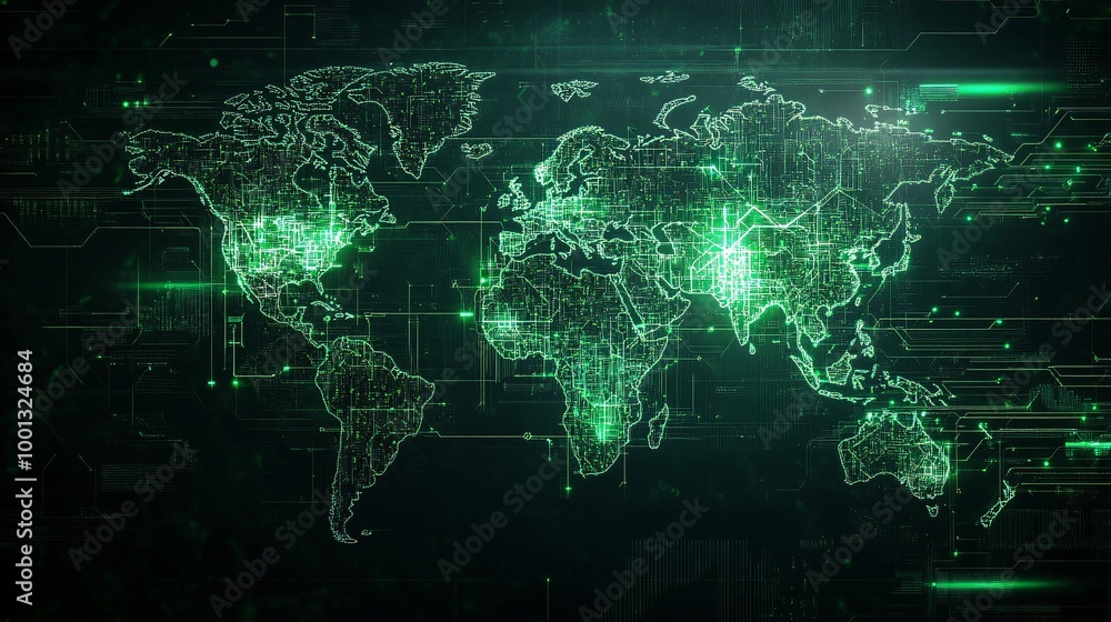 Poster digital world map with green circuit patterns