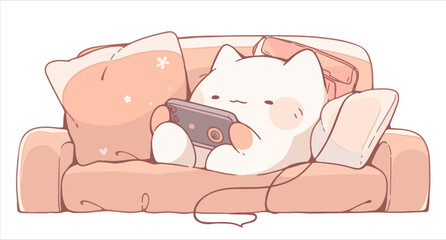 A cute Cat playing games in a sofa. Pink cat illustration.
