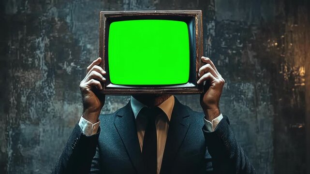 man in suit with head with retro tv green screen