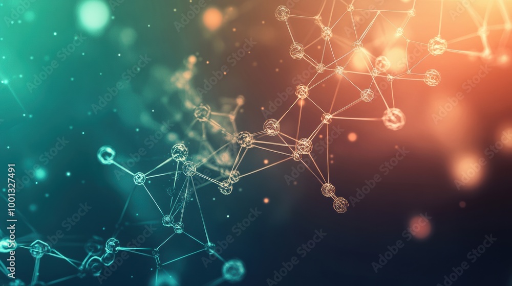 Poster abstract background featuring interconnected molecules and chemical structures in vibrant colors ill