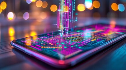 Smartphone Data Stream: A close-up shot of a smartphone with a glowing, abstract data stream rising from the screen, symbolizing the power and connectivity of modern technology.