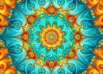 Vibrant swirls of turquoise, orange, and yellow hues merge in a mesmerizing abstract background, creating a