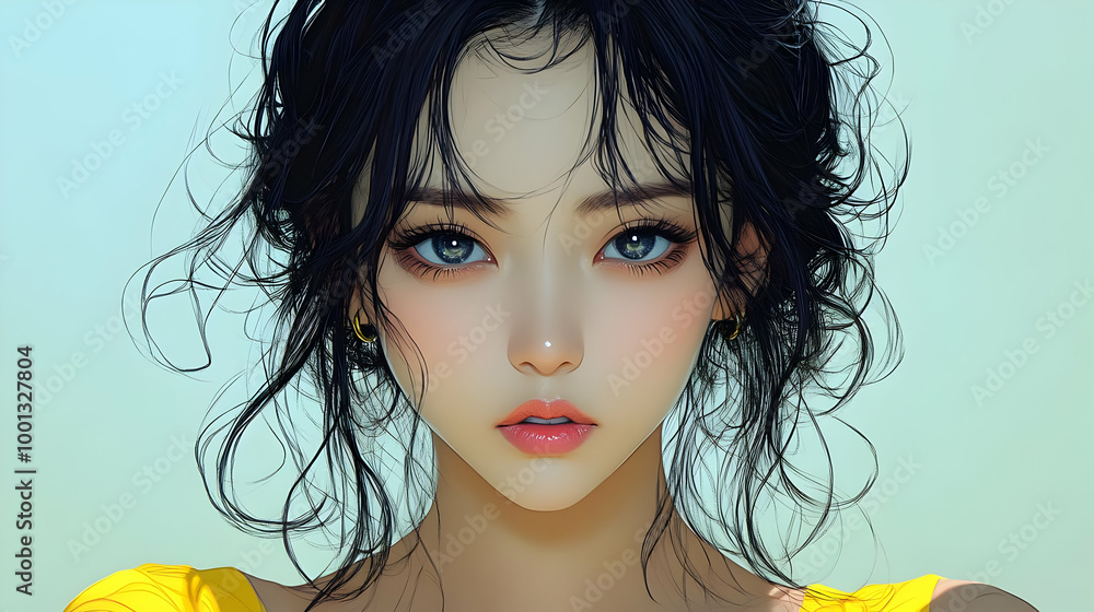 Sticker Anime Girl with Blue Eyes and Curly Black Hair