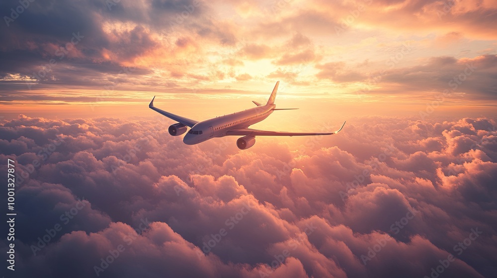 Canvas Prints Airplane Flying Above Dramatic Clouds at Sunset