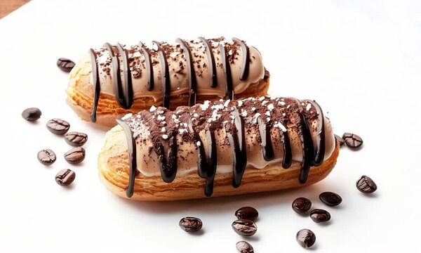 A coffee-flavored eclair with chocolate glaze and coffee beans