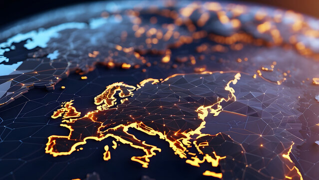 Global Data Processing & Finance Technology, World Map with Lights on Violet