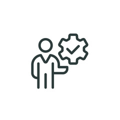 Obraz premium Easy process management, maintenance customize, engineering outline icon. Line sign man holding gear, cogwheel. Vector isolated pictogram for web and app on white background editable stroke.