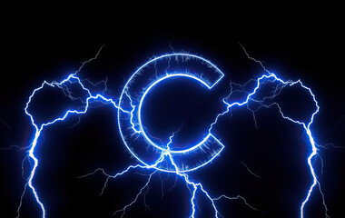 letter C in electric blue lightning bolts forming circle on black background dynamic energy concept powerful electricity discharge