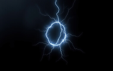 Letter O electric blue lightning bolts radiating from bright sphere on dark background