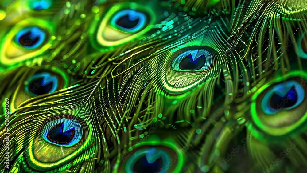 Poster a close-up view of a peacock's tail feathers, showing the intricate patterns and vibrant colors