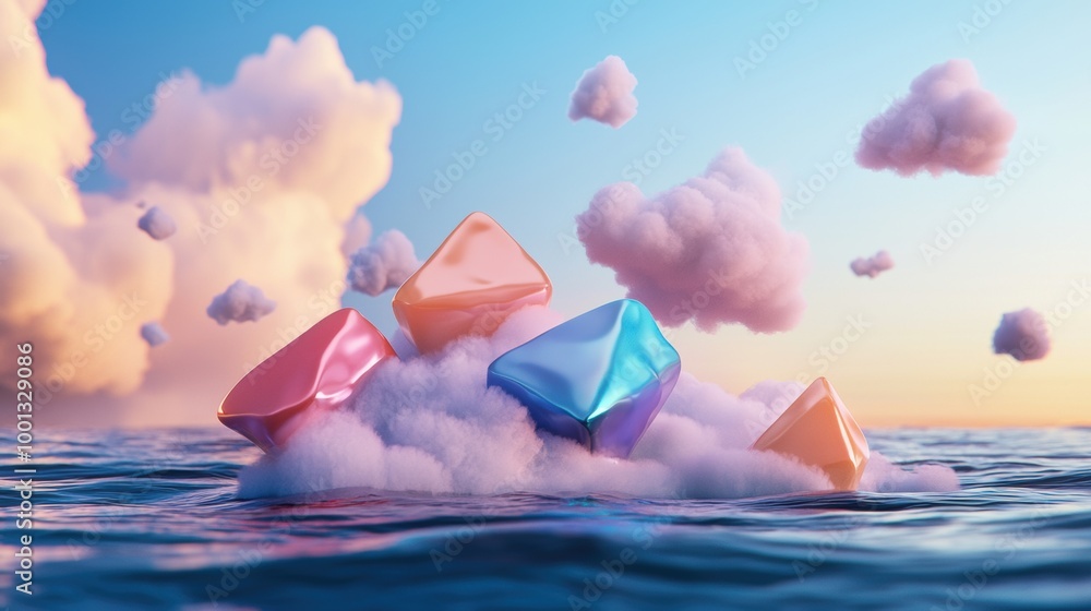Poster colorful gems floating above soft clouds in ocean