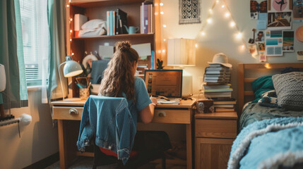A student unpacking books on a desk in a university dorm room, with personal items and decor beginning to make the space feel like home.