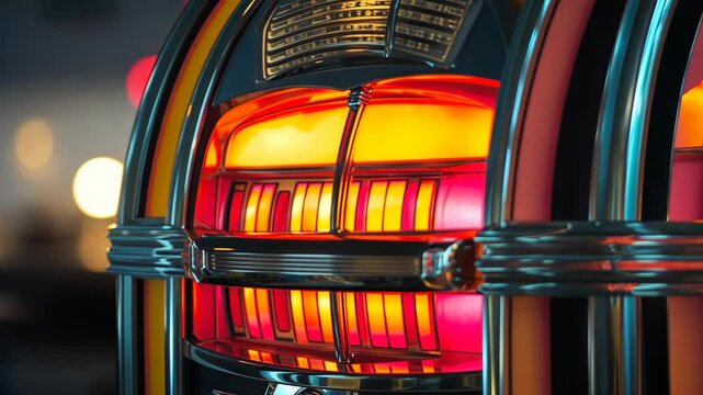 A vintage jukebox glows in the darkness of a retro bar