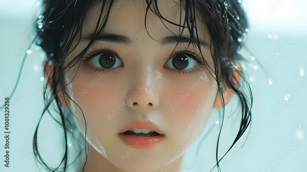 Poster Water Drops on Face, Close-up Portrait of a Woman, Beauty Photography,  Digital Art