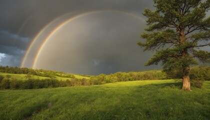 A vibrant rainbow arches over a lush green meadow after a summer rain, illuminating the peaceful countryside path ahead