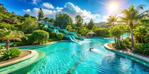 Obraz premium Vibrant turquoise wave pool sparkles under bright sunlight, surrounded by lush greenery and sleek water slides,
