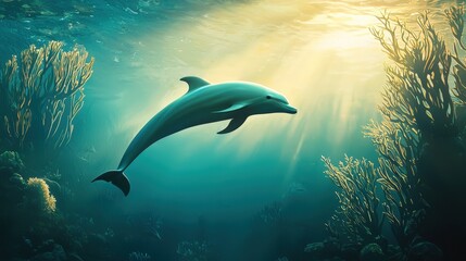 Fototapeta premium Graceful dolphin gliding through vibrant coral reefs in a sunlit underwater paradise