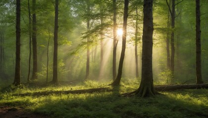 Obraz premium Sunlight filters through a tranquil forest during early morning, illuminating misty greenery and creating a peaceful atmosphere