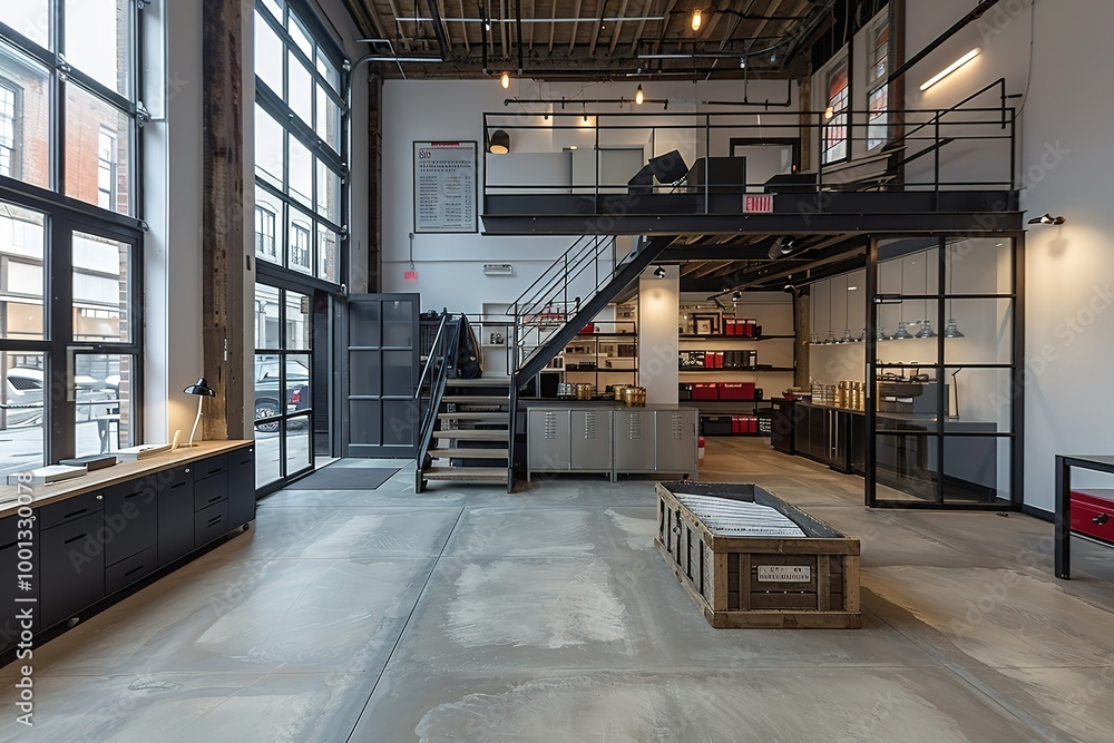 Poster a large open space with a staircase leading up to a second floor