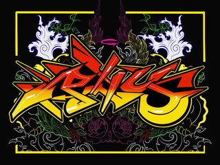 cool graffiti font illustration with bright color combination, and effects like leaves and roots