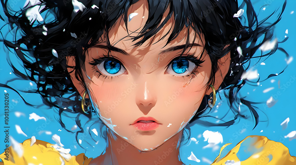 Wall mural Anime Girl with Blue Eyes and Black Hair in the Water