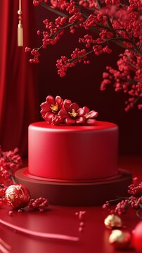Red cake adorned with flowers and festive ornaments, surrounded by red decorations on a rich red background.