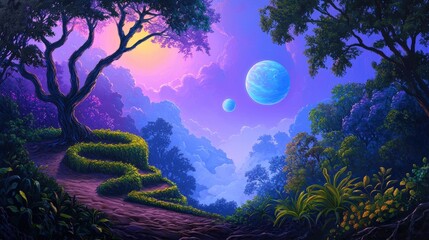A vibrant twilight view of an otherworldly landscape with twin planets and lush greenery