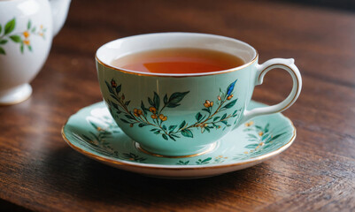 A delicate teacup and saucer sit on a wooden table, filled with steaming tea and ready for a relaxing moment