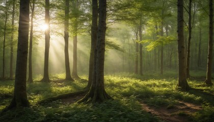 Obraz premium Golden sunlight filters through lush green trees in a serene forest at dawn, creating a magical atmosphere filled with tranquility