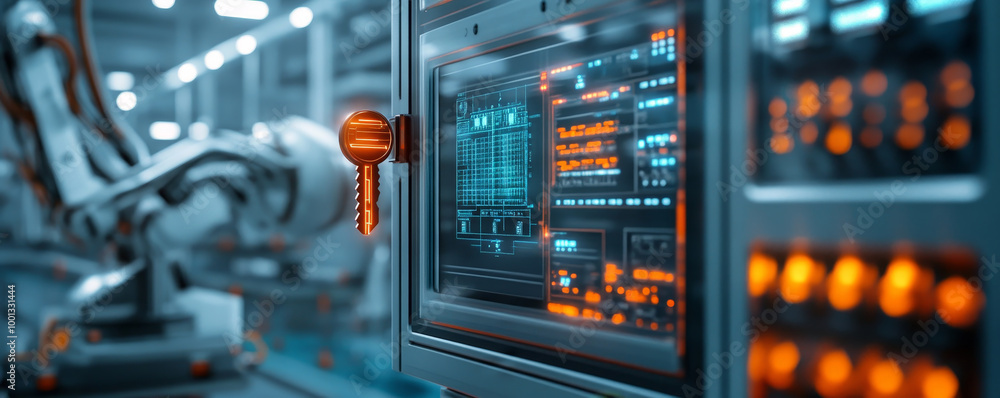 Poster a cybernetic key unlocking control panel in an automated environment, showcasing advanced technology