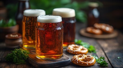 Fototapeta premium Flat vector of Oktoberfest beer steins lined up on a wooden table with pretzels and mustard