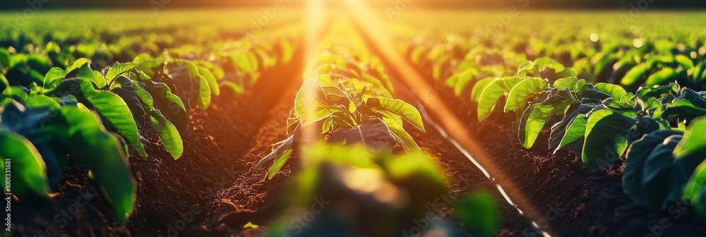 Canvas Prints A field of connected crops, thriving under the warm glow of the setting sun, representing the promise of smart agriculture for a sustainable future.