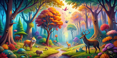 Vibrant, whimsical forest background features towering trees, colorful foliage, and playful animals, creating a