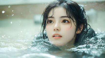 Fototapeta premium Woman with Wet Hair Emerges from Water, Tranquil Beauty with Splashing Waves