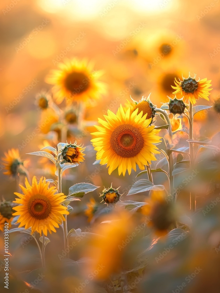 Sticker A field of vibrant sunflowers in full bloom basks in the warm glow of the setting sun, symbolizing joy, hope, happiness, optimism, and summer.